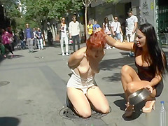 Slavemaster pair disgracing redhead in public