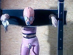 Gimp hotty locked in box and pillory