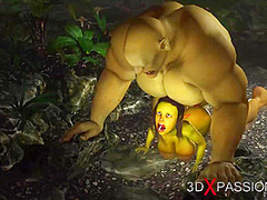 Green monster Ogre bonks hard a lascivious female goblin Arwen in the enchanted forest