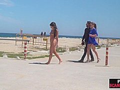Merry boobed impressive chick walks outdoor stripped on beach