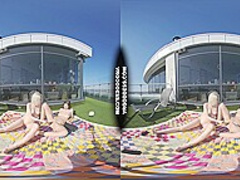 two Sexy Beauties Rebeka Ruby And Ingrida Masturbating In The Sun With Glass Dildos Bubbles And Sunbathing