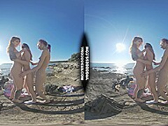three Sexy Beauties Getting Bare On Beach During Winter Making Fire Eating Bananas Dancing