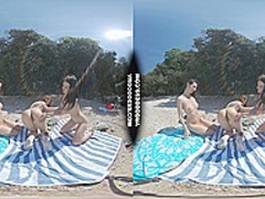 three Honeys Stripped On Vacation Beach Picnic Playing Frisbee Searching For Shells And Bubbles