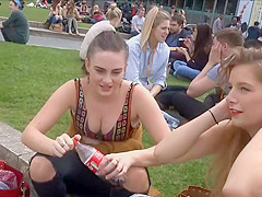 Breasty beauty smiles and waves at me