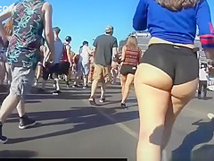 Large chunky butt white hottie in constricted dark shorts