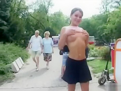 Russian legal age teenager gal flashes her great pantoons in public