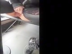 Chickie in leather panties makes water on the restaurant's floor