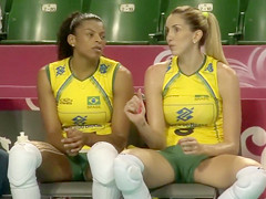 Fit volleyball player has her muff imprinted on her shorts