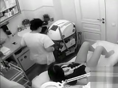 Female patient exposes her unshaved cum-hole at the gynecologist