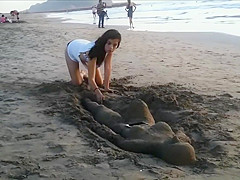 Hot juvenile brunette hair receives jizzed at the beach by stranger