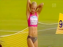 Pretty Russian athlete doing her lengthy jumping