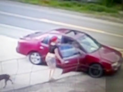 Pink haired gal makes water on the side of the highway