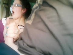 Tugjob on the Highway in Car Wife Jerks Off Spouse