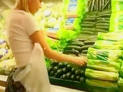 Daring Blond Beauty Masturbates with Cucumber in Public Shop