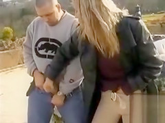 Golden-Haired lady gives a great cook jerking in public