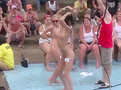 Soaked tee shirt and stripping contest with sexy honeys