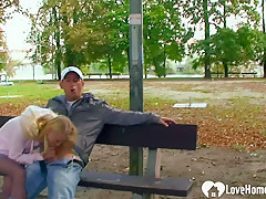 Golden-Haired babe picked up and rammed outdoors