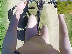 Riding and strolling exposed in public nature in daylight POV