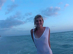 Super Slender Blond Playing Bare in the Gulf of Mexico - SpringbreakLife