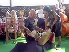 Tiny floozy double penetration and anal group-fucked in restaurant
