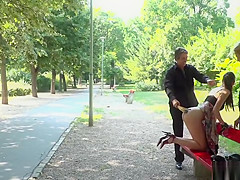 Undressed gazoo chick caned in public bench
